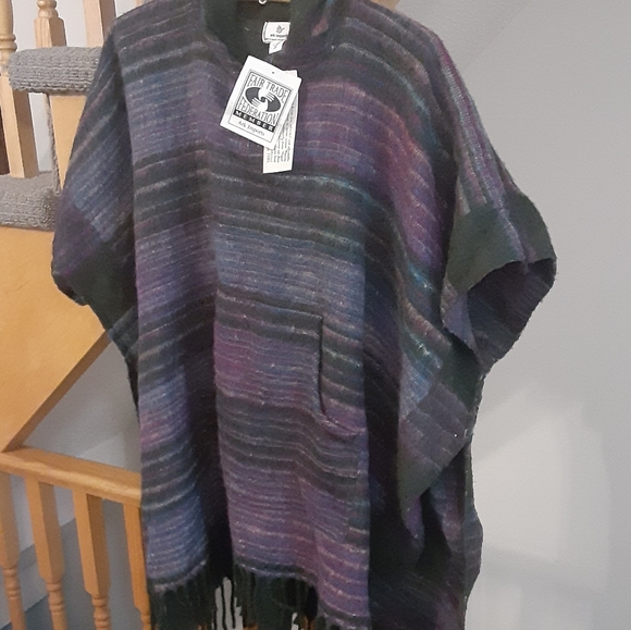 NWT Ark Imports Fairtrade Boho Fringe Poncho Purple/Blue/Green-Women's One Size - Picture 3 of 11